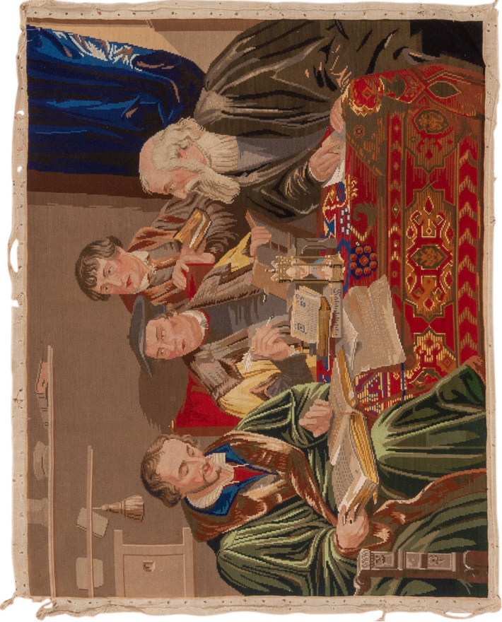 3' x 4' one-of-a-kind handmade vintage Needlepoint small size rug. Color palette: blue, brown, dark gray, gray, red