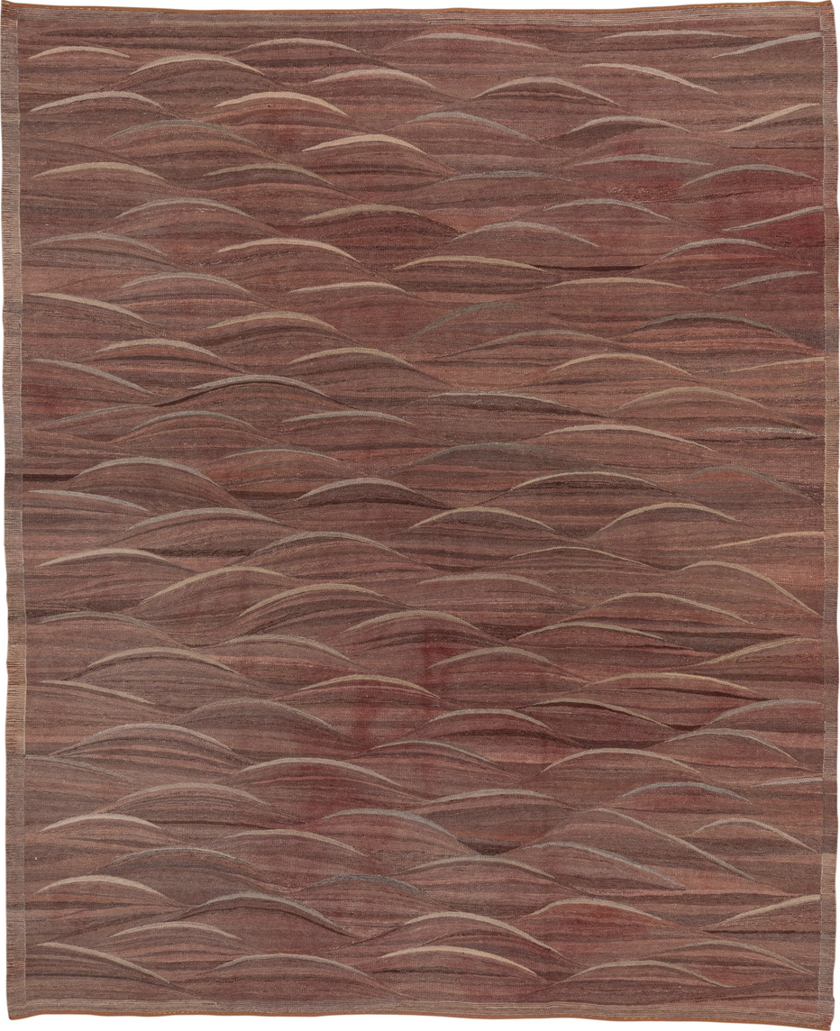 8' x 9' one-of-a-kind handmade vintage Kilim rug. Color palette: brown, gray, pink, red, redwood