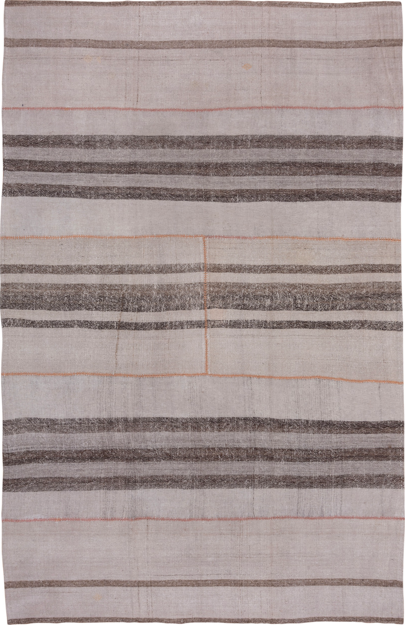 8' x 13' one-of-a-kind handmade vintage Kilim large size rug. Color palette: dark gray, gray, light gray, pink