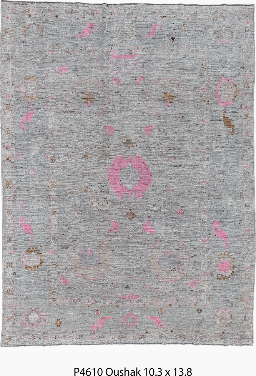 10' x 13' one-of-a-kind handmade vintage Oushak large size rug. Color palette: gray, brown, light blue, pink, black