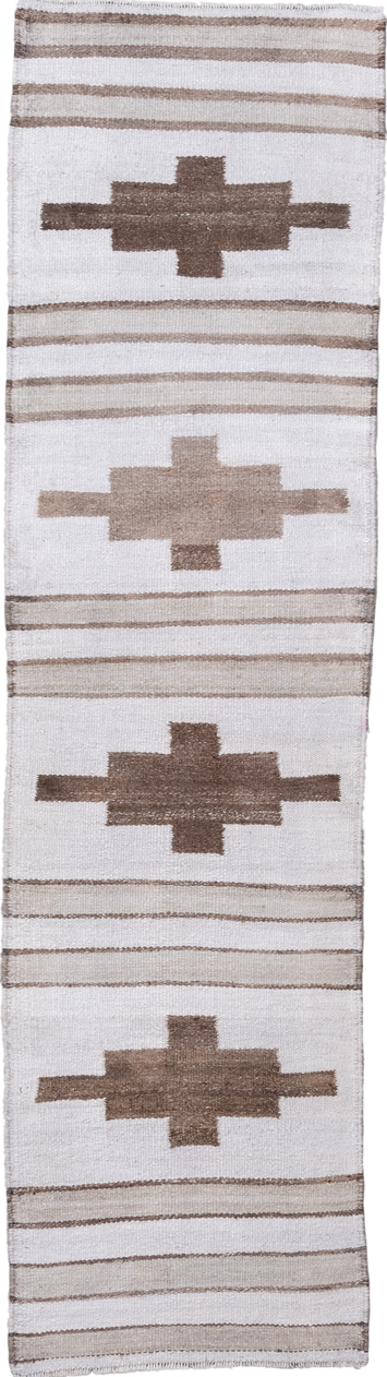 2' x 10' one-of-a-kind handmade vintage Kilim runner rug. Color palette: brown, gray, light gray, off-white, pink, silver