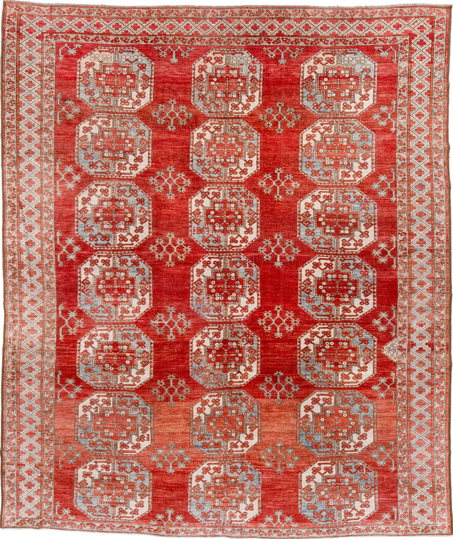 7' x 9' one-of-a-kind handmade vintage Afghan rug. Color palette: antiquewhite, brown, dark gray, dark red, gray, light gray