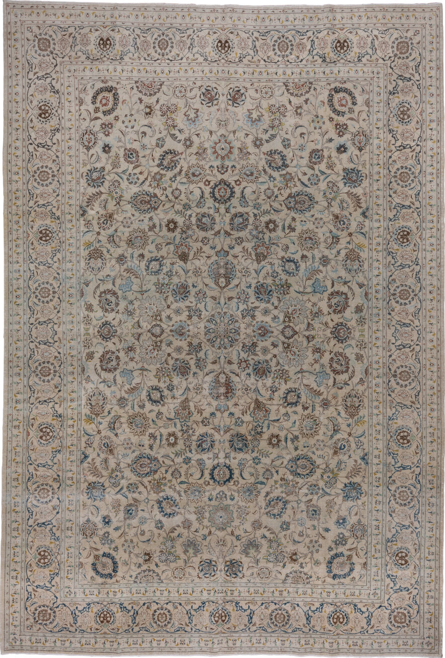 9' x 13' one-of-a-kind handmade vintage Kashan large size rug. Color palette: blue, brown, gray, light gray, silver