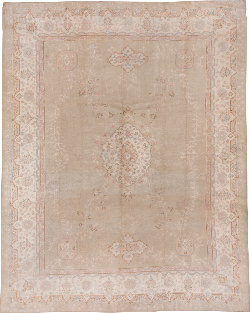 11' x 14' one-of-a-kind handmade vintage Oushak oversize rug. Color palette: brown, gray, light gray, off-white, pink