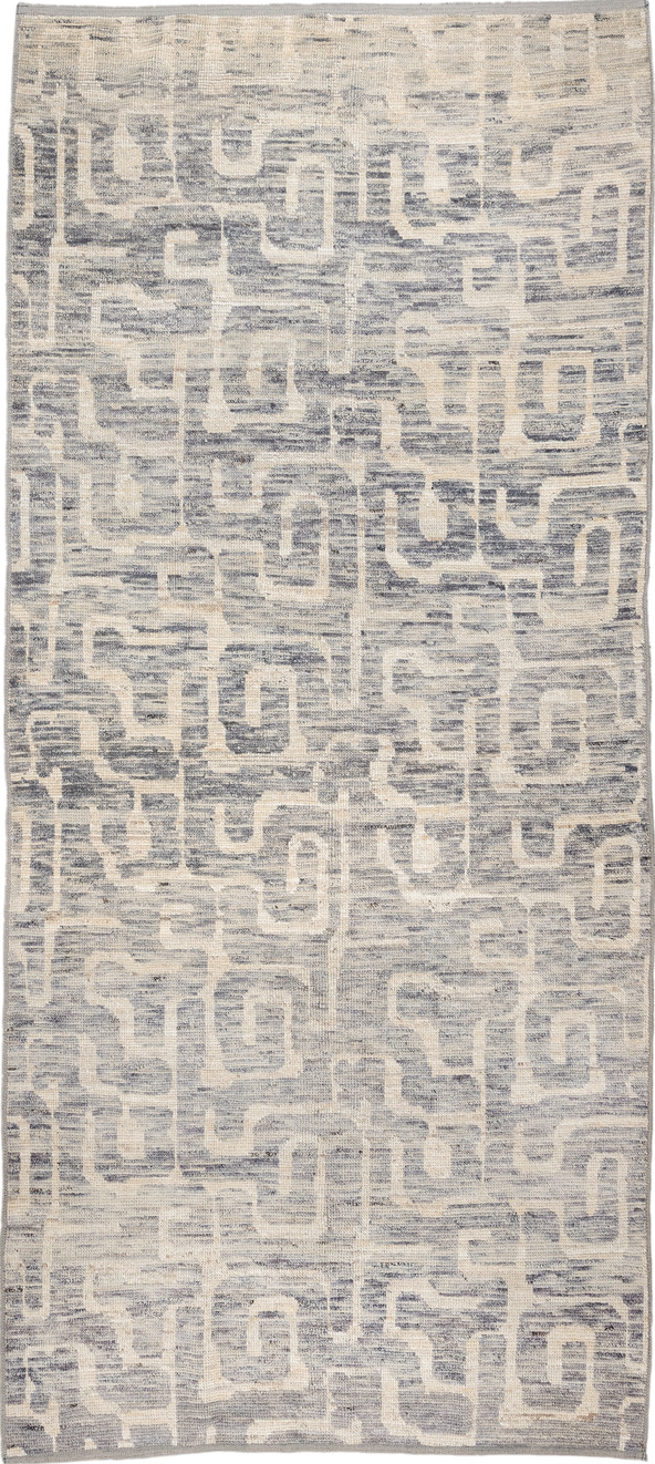 4' x 9' one-of-a-kind handmade vintage Tulu runner rug. Color palette: dark gray, dim gray, gainsboro, gray, light gray