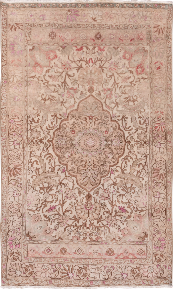 4' x 7' one-of-a-kind handmade vintage Oushak rug. Color palette: brown, gray, light gray, off-white, orange, pink