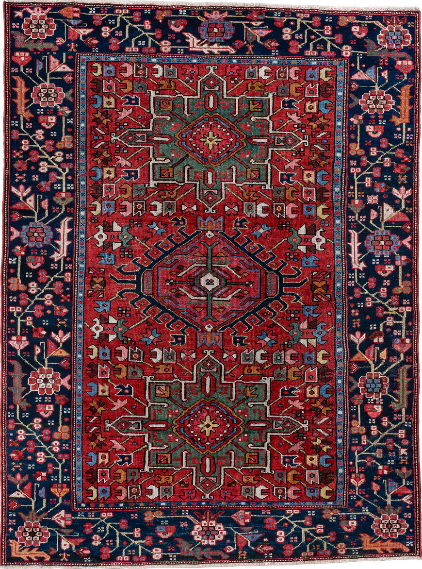 4' x 6' one-of-a-kind handmade vintage Karaje small size rug. Color palette: black, blue, brown, gray, light blue