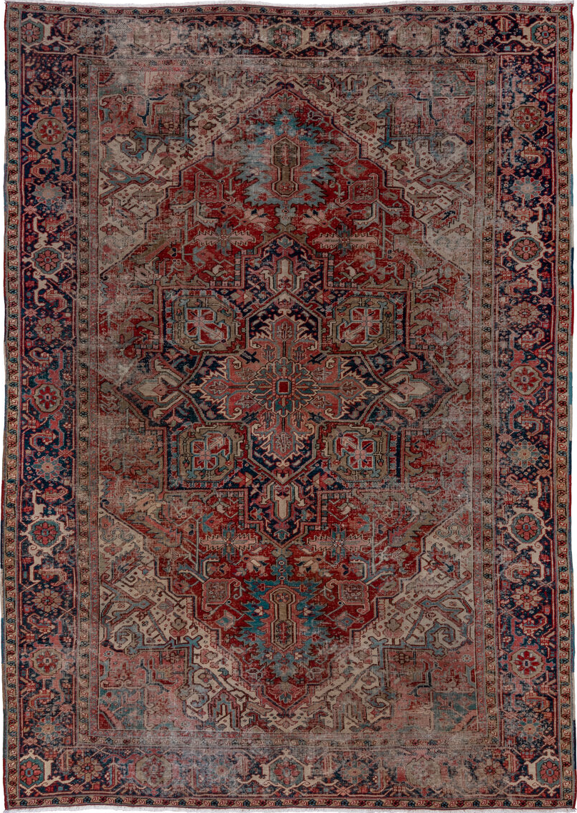 8' x 12' one-of-a-kind handmade vintage Heriz large size rug. Color palette: black, blue, brown, dim gray, gray, light gray