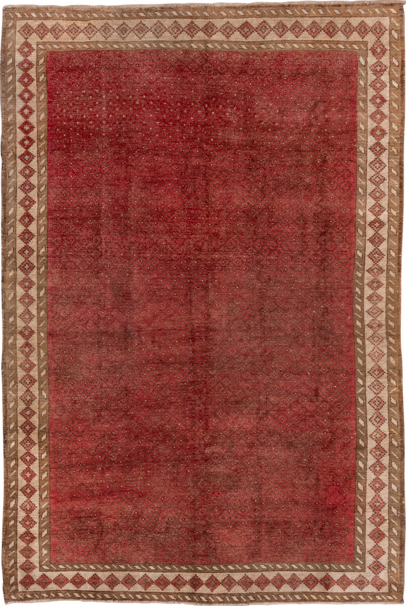 6' x 10' one-of-a-kind handmade vintage Oushak large size rug. Color palette: brown, indian red, light gray, off-white