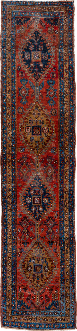 3' x 13' one-of-a-kind handmade vintage Heriz runner rug. Color palette: blue, brown, gray, maroon, pink, red