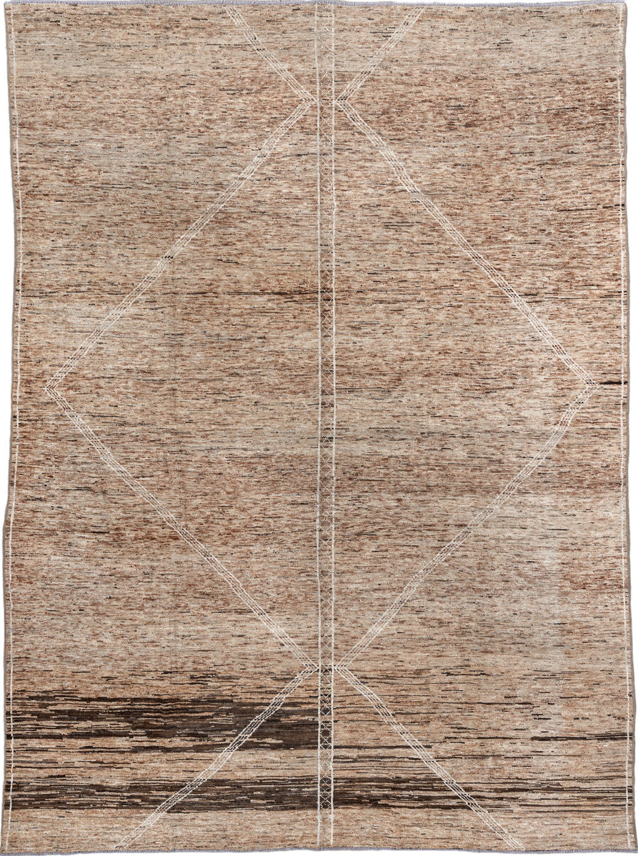 10' x 13' one-of-a-kind handmade vintage Tulu large size rug. Color palette: brown, gray, off-white, orange, pink