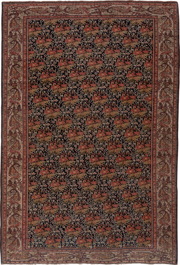 4' x 6' one-of-a-kind handmade vintage Far.Sarouk small size rug. Color palette: black, brown, gray, red
