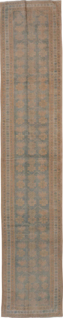 1' x 9' one-of-a-kind handmade vintage Oushak rug. Color palette: brown, gray, light gray, off-white, pink, snow, white