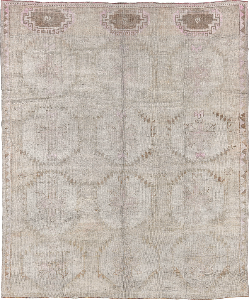 9' x 10' one-of-a-kind handmade vintage Kars large size rug. Color palette: beige, black, brown, charcoal, dim gray