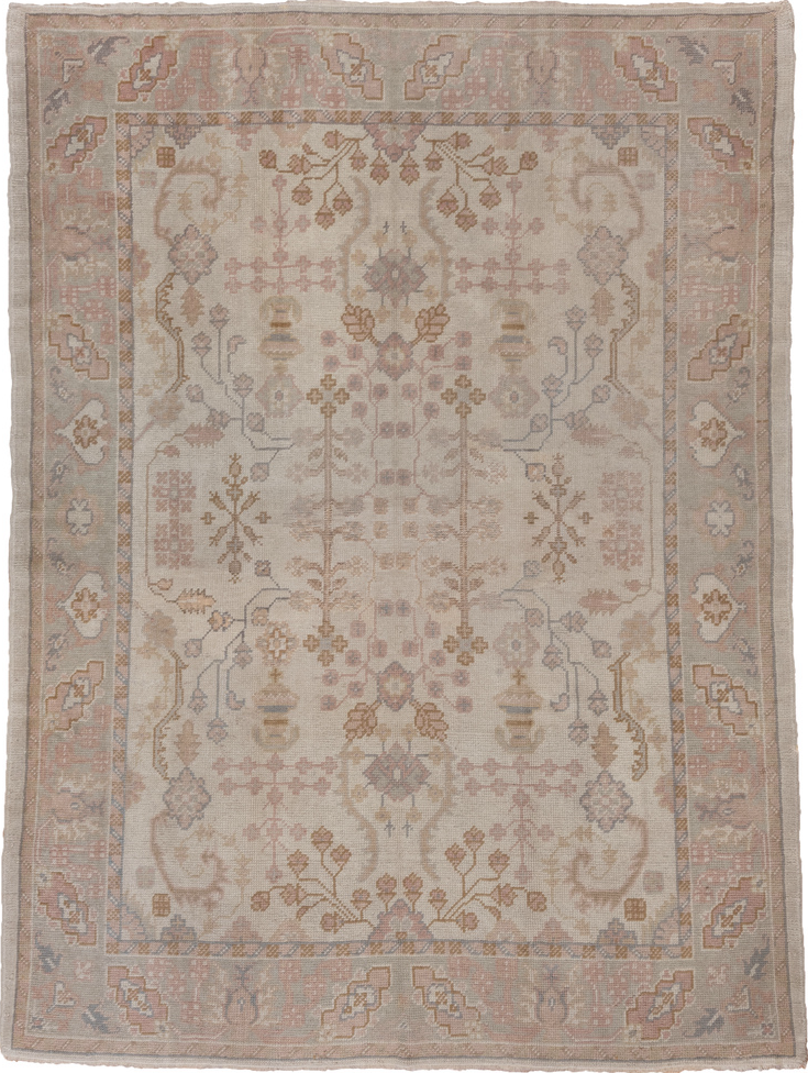 6' x 9' one-of-a-kind handmade vintage Oushak medium size rug. Color palette: brown, gray, light gray, pink