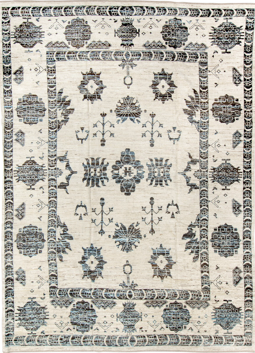 9' x 12' one-of-a-kind handmade vintage Tulu large size rug. Color palette: black, charcoal, dark gray, dim gray, gainsboro