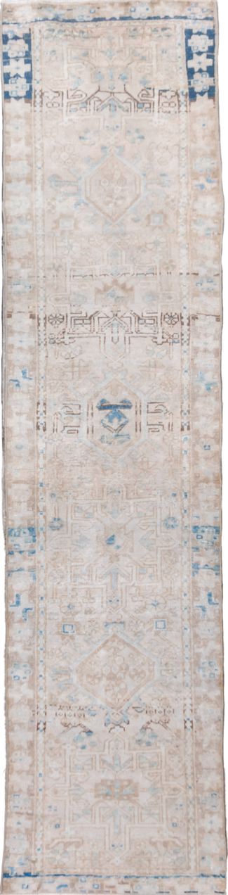 2' x 8' one-of-a-kind handmade vintage Karaje runner rug. Color palette: dark gray, gainsboro, gray, light blue, light gray