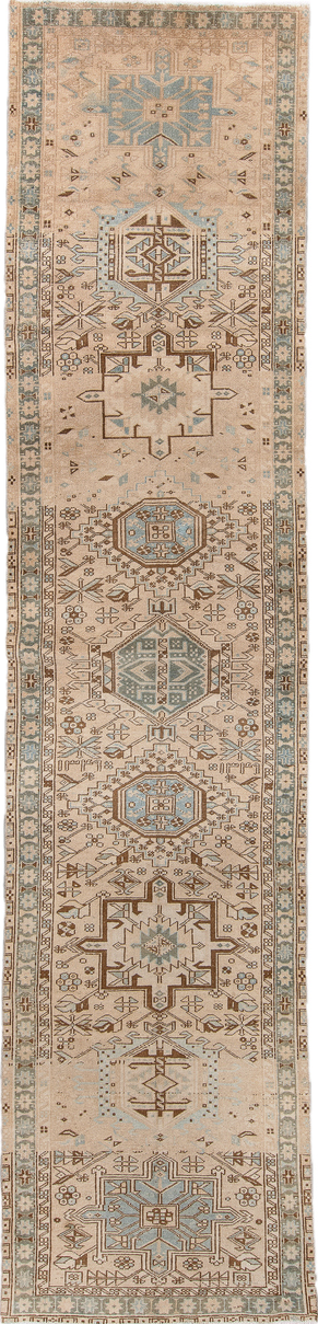 3' x 14' one-of-a-kind handmade vintage Heriz runner rug. Color palette: black, brown, gray, light gray, off-white, orange