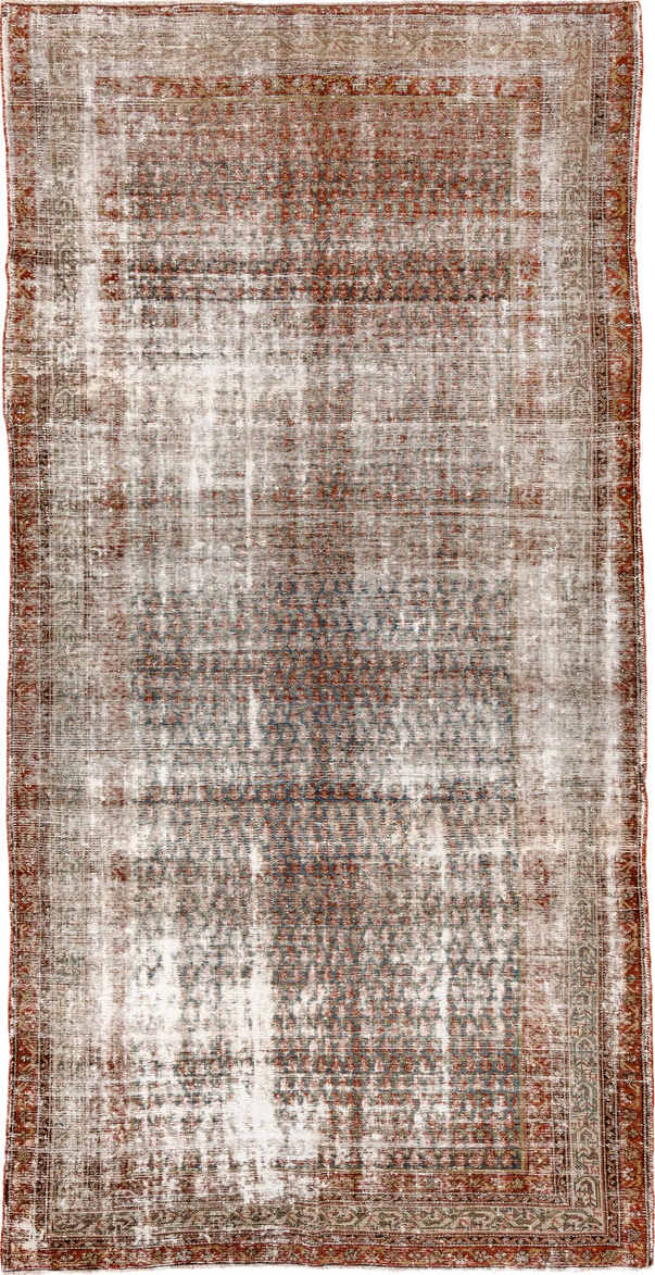 5' x 10' one-of-a-kind handmade vintage Malayer runner rug. Color palette: brown, gray, light gray, linen, off-white