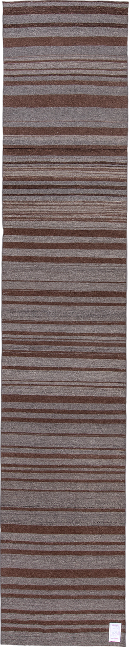 2' x 15' one-of-a-kind handmade vintage Kilim runner rug. Color palette: brown, dark gray, dim gray, gray, light gray