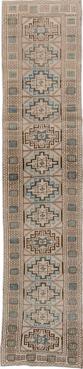 2' x 10' one-of-a-kind handmade vintage Meshkin runner rug. Color palette: blue, brown, gray, light gray, off-white
