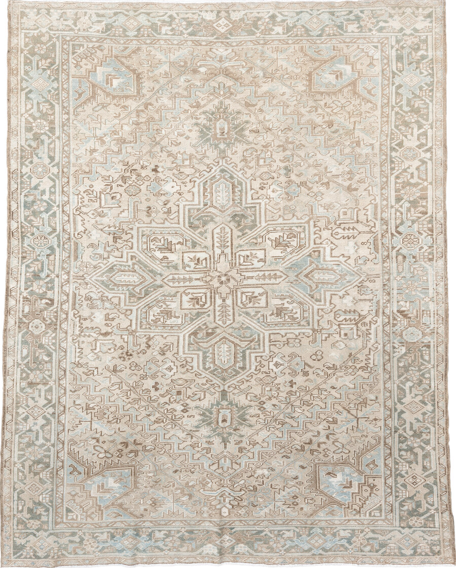 8' x 10' one-of-a-kind handmade vintage Heriz large size rug. Color palette: antiquewhite, brown, gray, light gray, linen