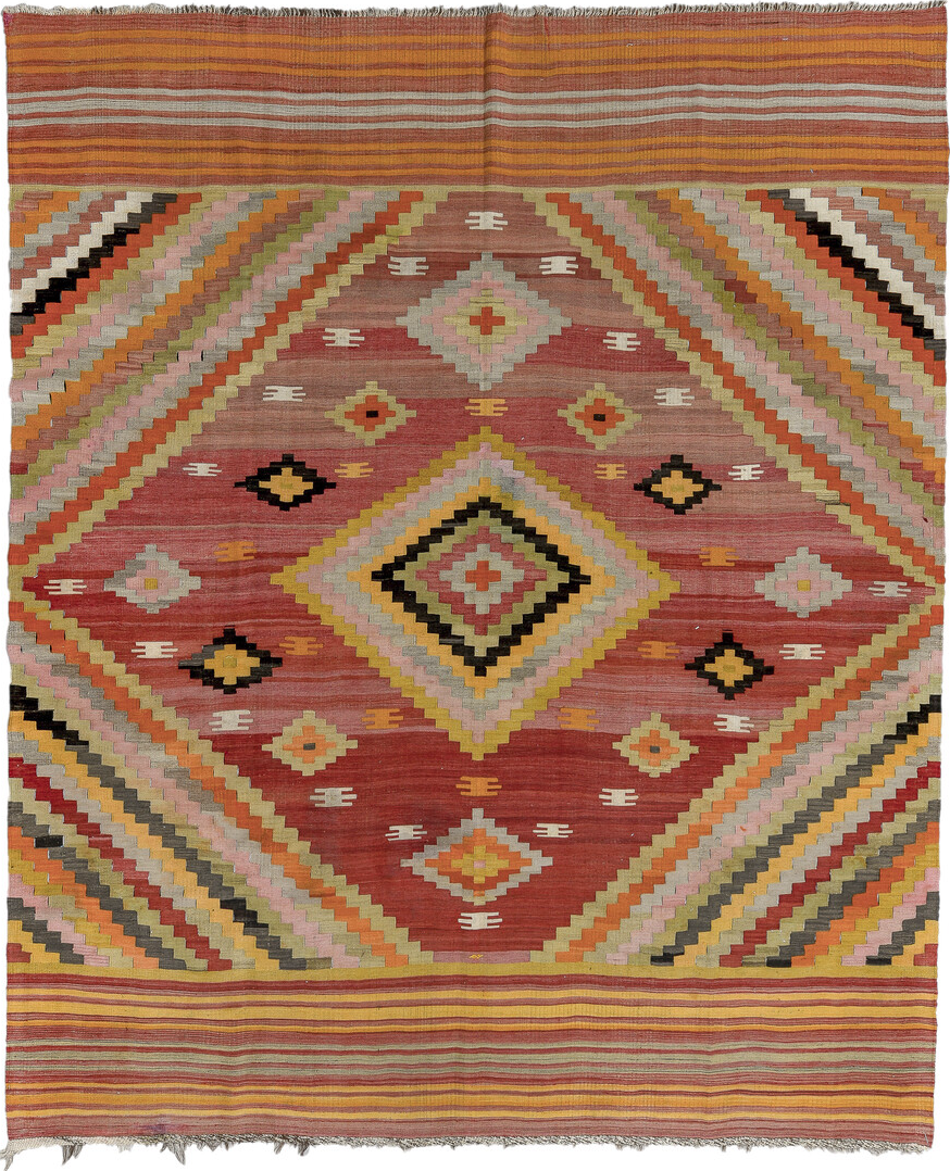 9' x 11' one-of-a-kind handmade vintage Kilim large size rug. Color palette: black, brown, dim gray, gray, orange, pink, red