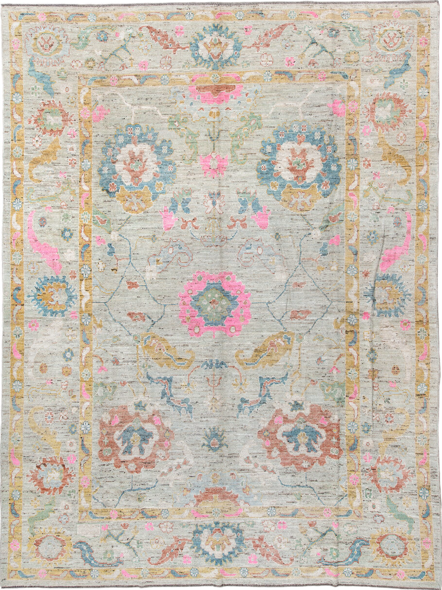 10' x 13' one-of-a-kind handmade vintage Oushak large size rug. Color palette: pink, gray, off-white, light gray, brown