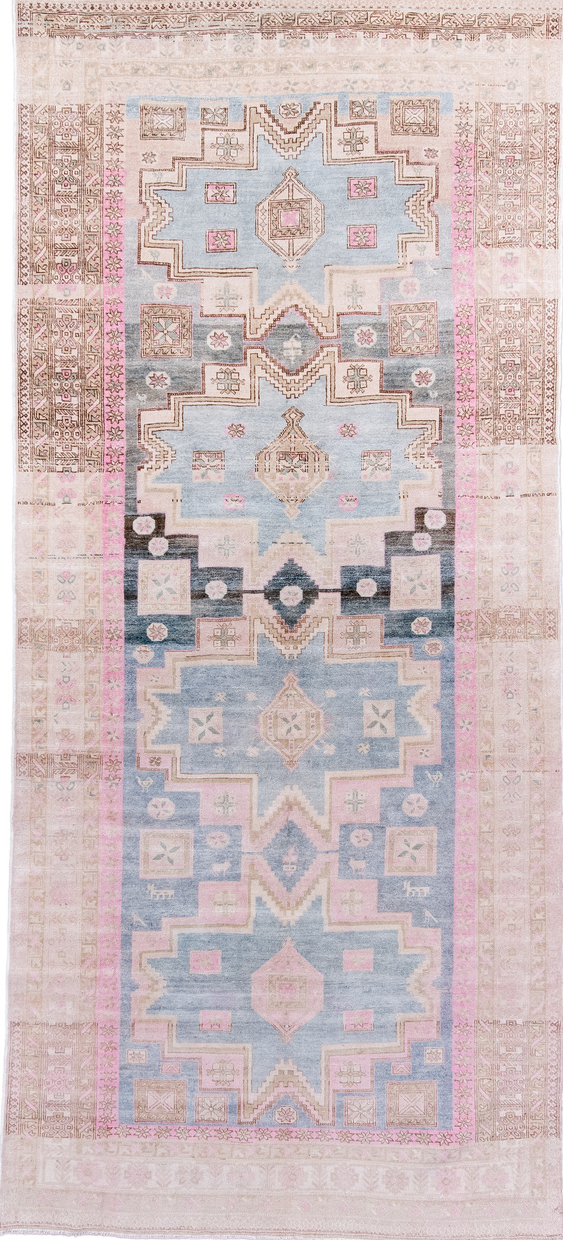 5' x 12' one-of-a-kind handmade vintage Ardebil rug. Color palette: blue, brown, gray, light blue, light gray