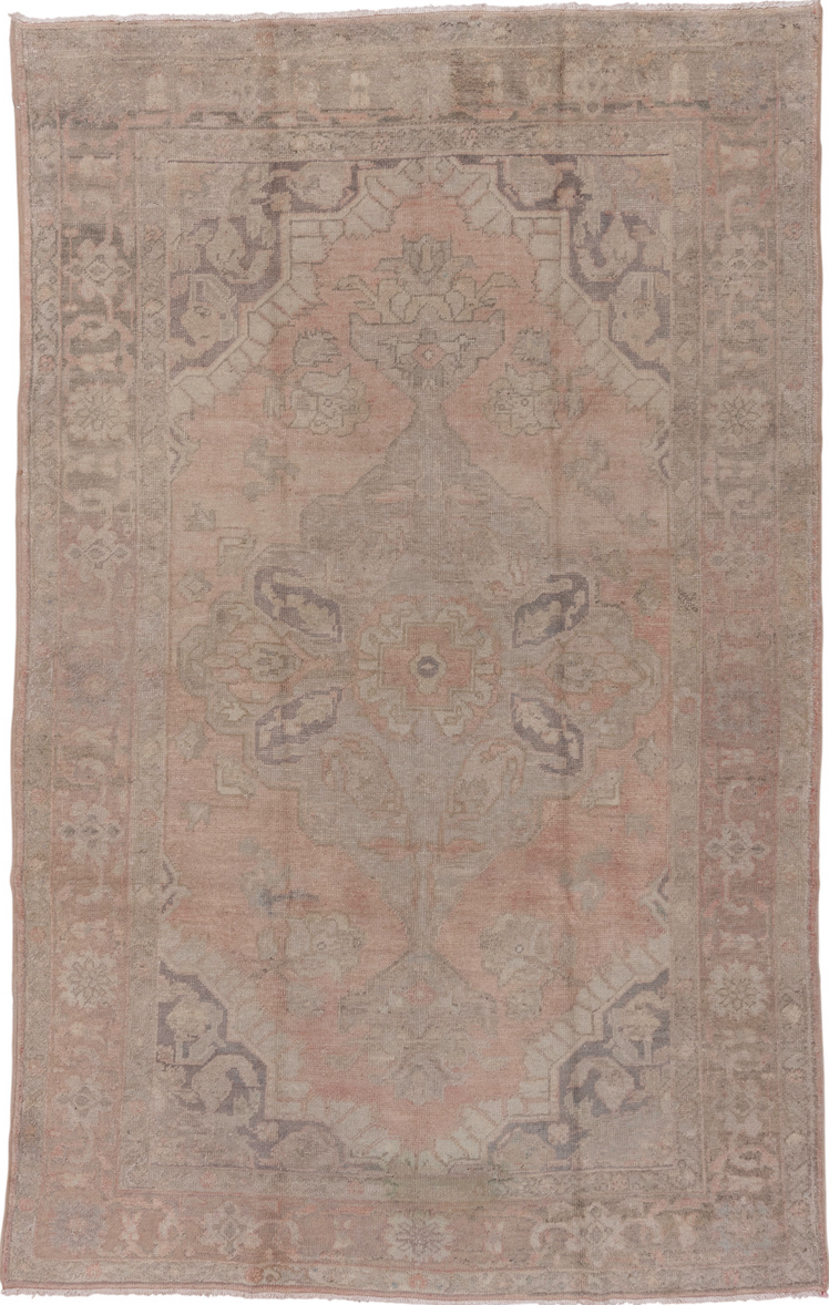 6' x 10' one-of-a-kind handmade vintage Oushak large size rug. Color palette: brown, gray, light gray, off-white, pink, snow