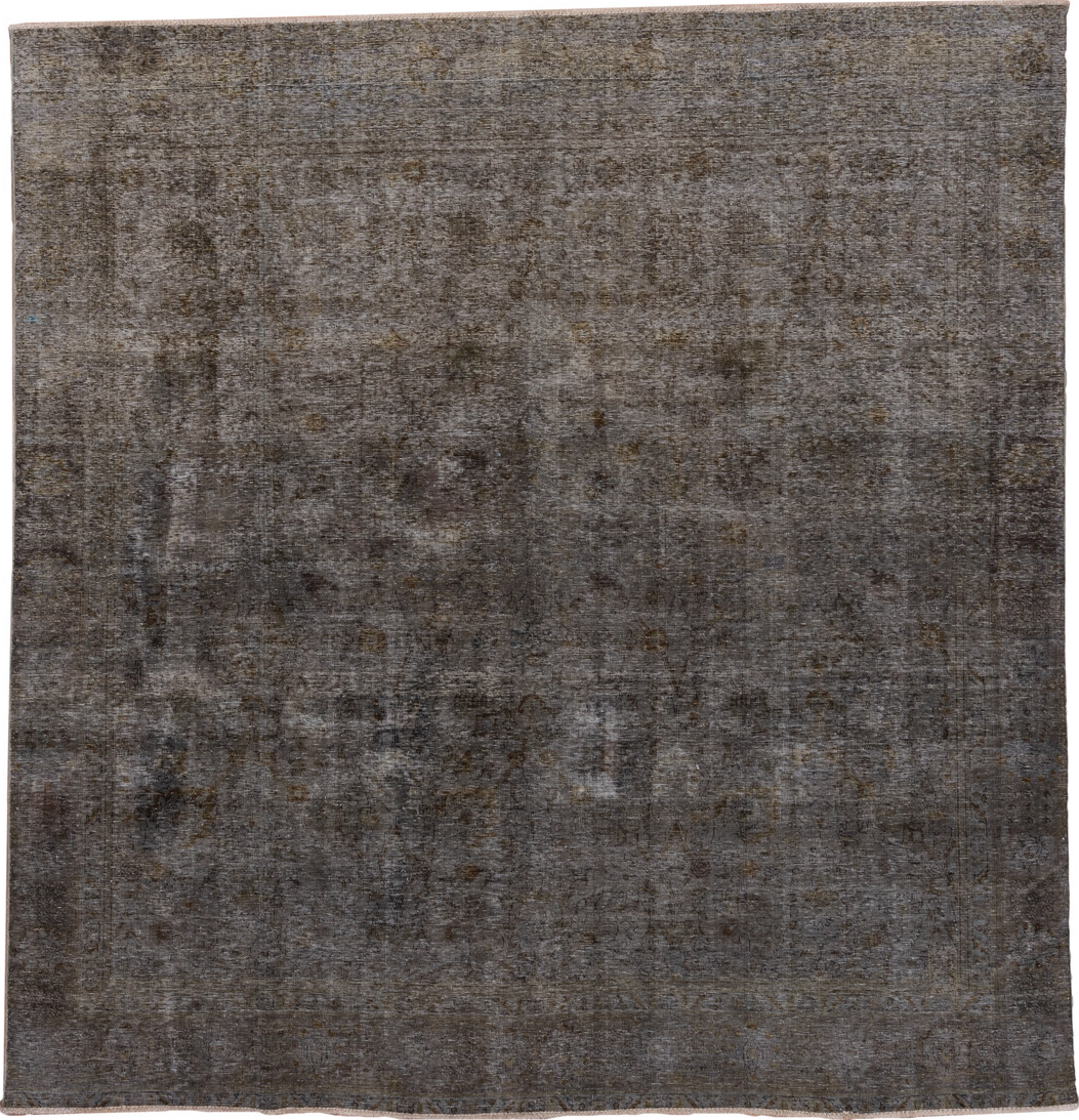 8' x 9' one-of-a-kind handmade vintage Overdyed rug. Color palette: black, brown, charcoal, dim gray, gray, light gray