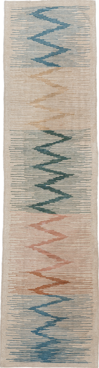 2' x 9' one-of-a-kind handmade vintage Kilim runner rug. Color palette: blue, brown, dark slate gray, dim gray, gray