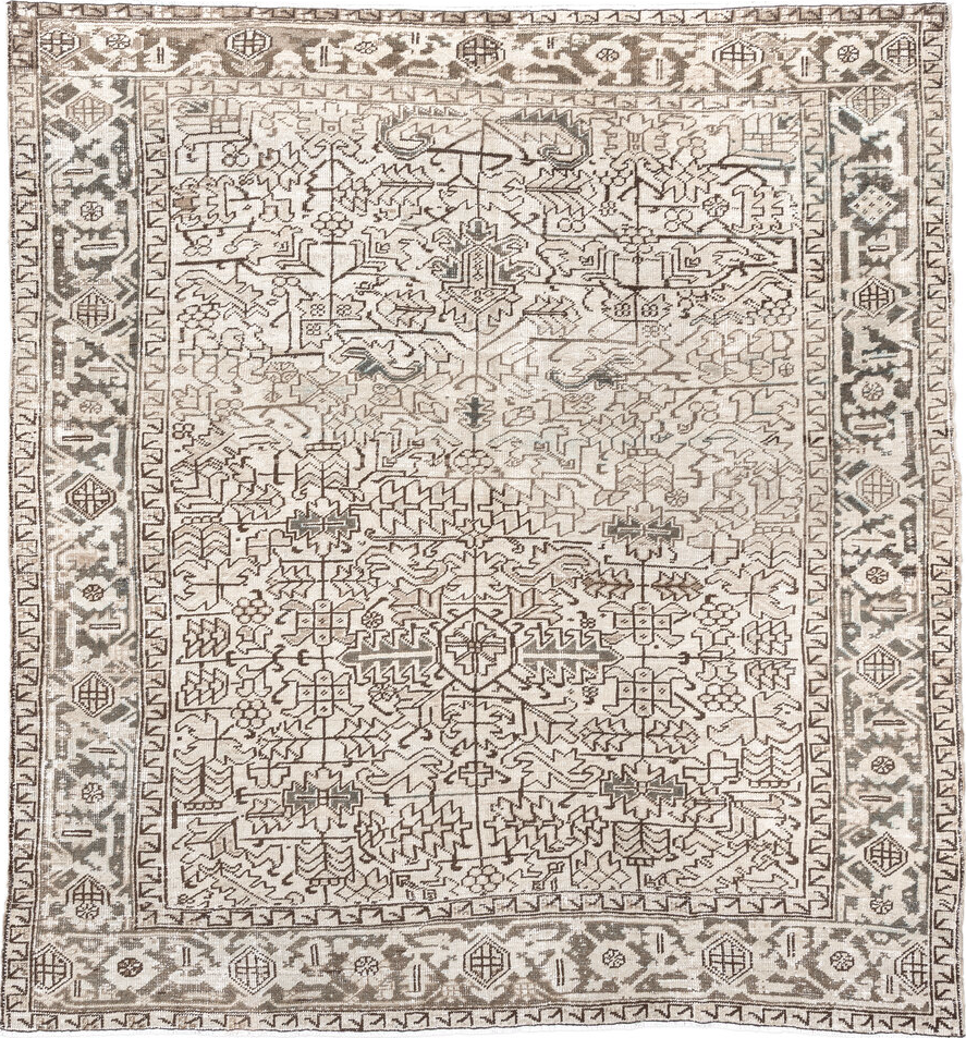 7' x 8' one-of-a-kind handmade vintage Heriz rug. Color palette: gray, light gray, off-white, pink, brown, linen, seashell