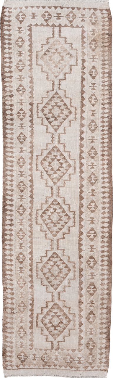3' x 11' one-of-a-kind handmade vintage Kilim runner rug. Color palette: brown, gainsboro, gray, light gray, off-white, pink