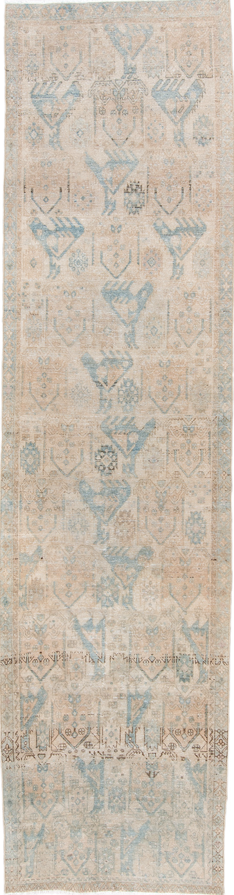 3' x 11' one-of-a-kind handmade vintage Sarab runner rug. Color palette: brown, dark gray, gainsboro, gray, light gray