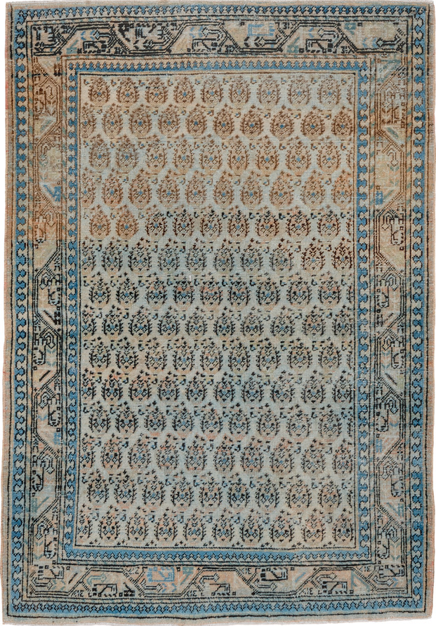 3' x 5' one-of-a-kind handmade vintage Sivas small size rug. Color palette: black, blue, brown, dim gray, gray, light gray
