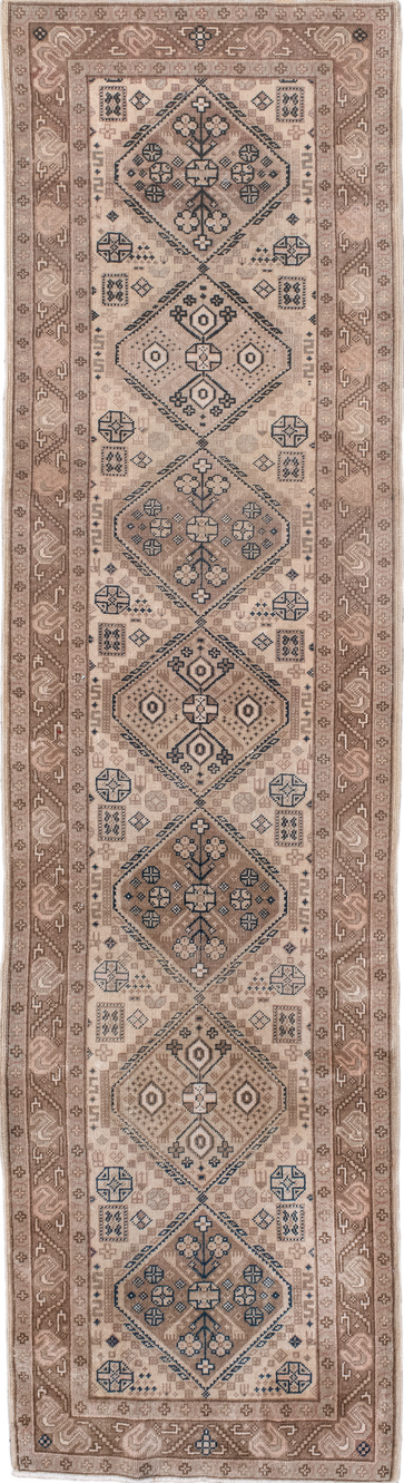 2' x 8' one-of-a-kind handmade vintage Sivas runner rug. Color palette: black, brown, charcoal, gray, light gray, off-white