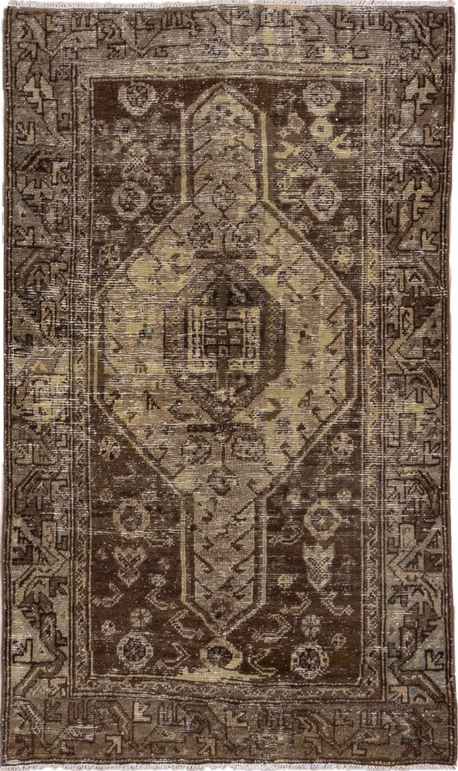 3' x 5' one-of-a-kind handmade vintage Hamadan small size rug. Color palette: brown, gray, light gray, off-white, silver