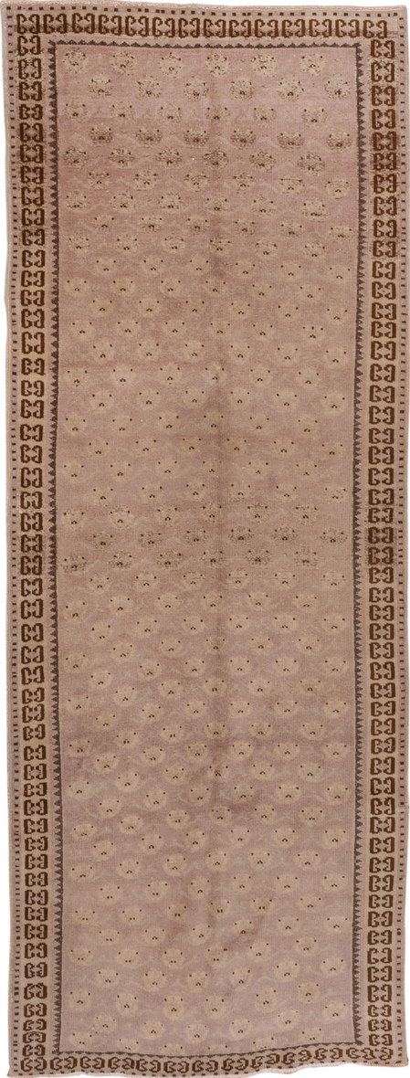 4' x 10' one-of-a-kind handmade vintage Oushak runner rug. Color palette: brown, gray, light gray, off-white, pink, snow