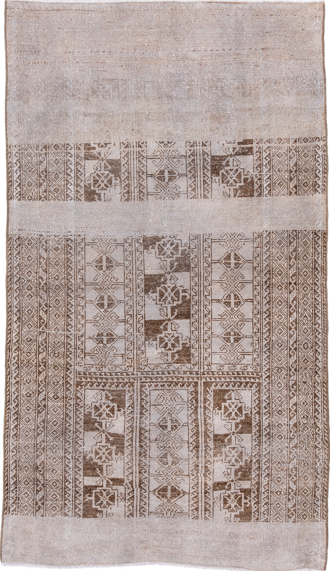 3' x 5' one-of-a-kind handmade vintage Belouch small size rug. Color palette: brown, dark gray, gray, light gray, off-white