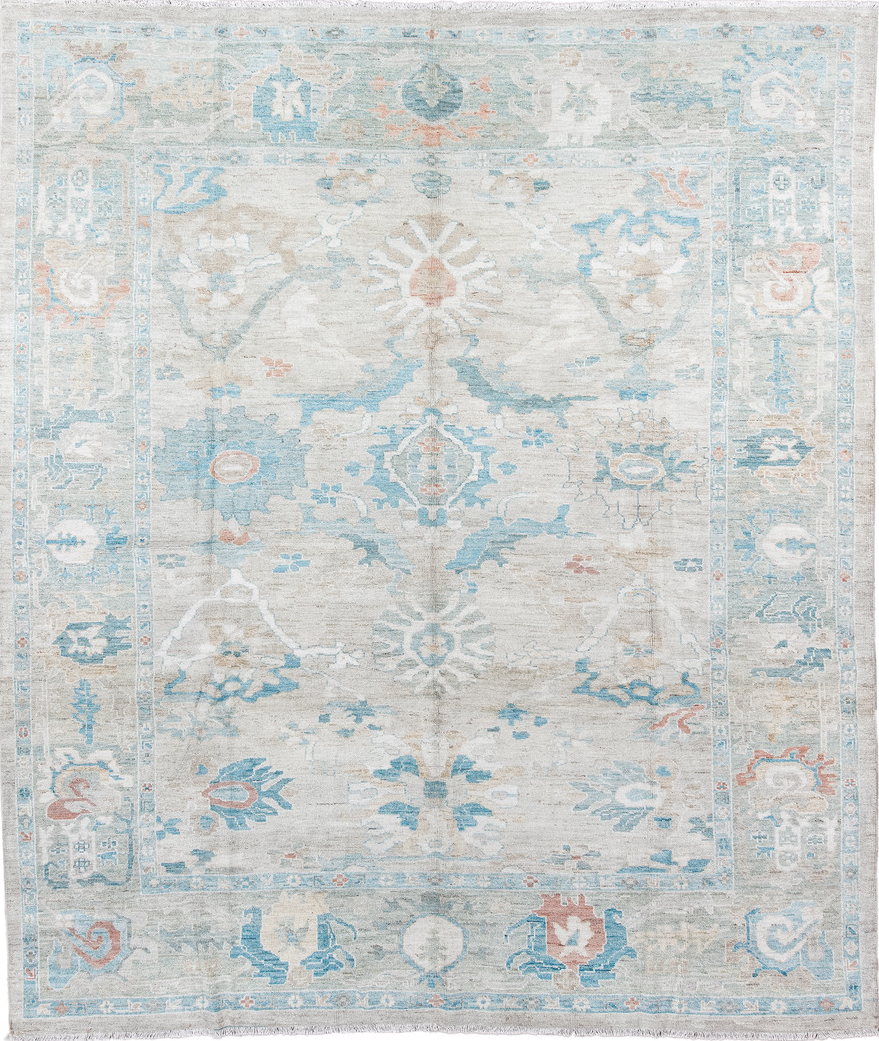 10' x 11' one-of-a-kind handmade vintage Sultanabad large size rug. Color palette: blue, dark gray, gainsboro, gray