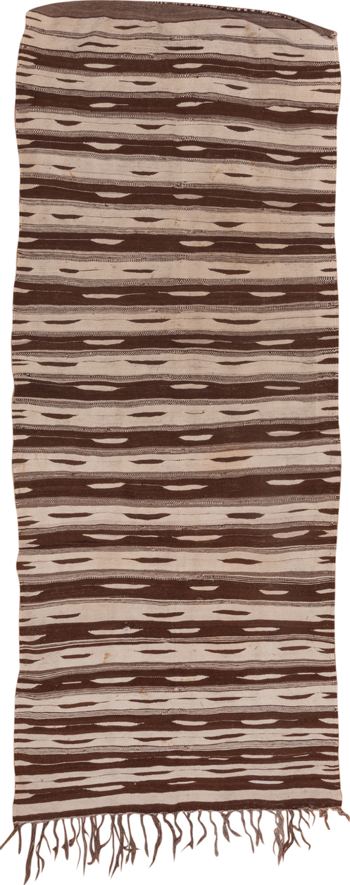 4' x 10' one-of-a-kind handmade vintage Kilim runner rug. Color palette: brown, gray, light gray, off-white, pink, snow