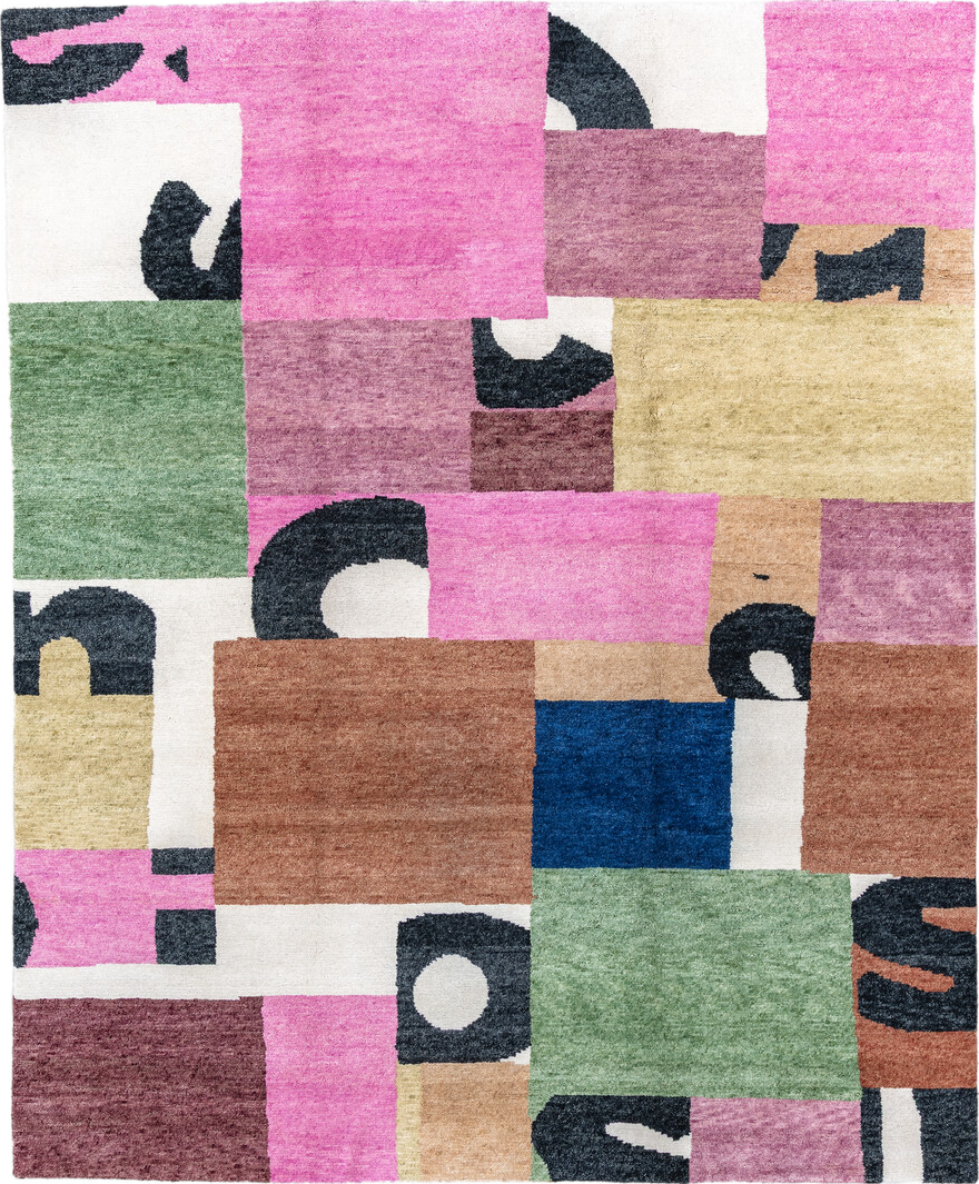 8' x 10' one-of-a-kind handmade vintage Tribeca large size rug. Color palette: red, brown, pink, gray, blue, off-white