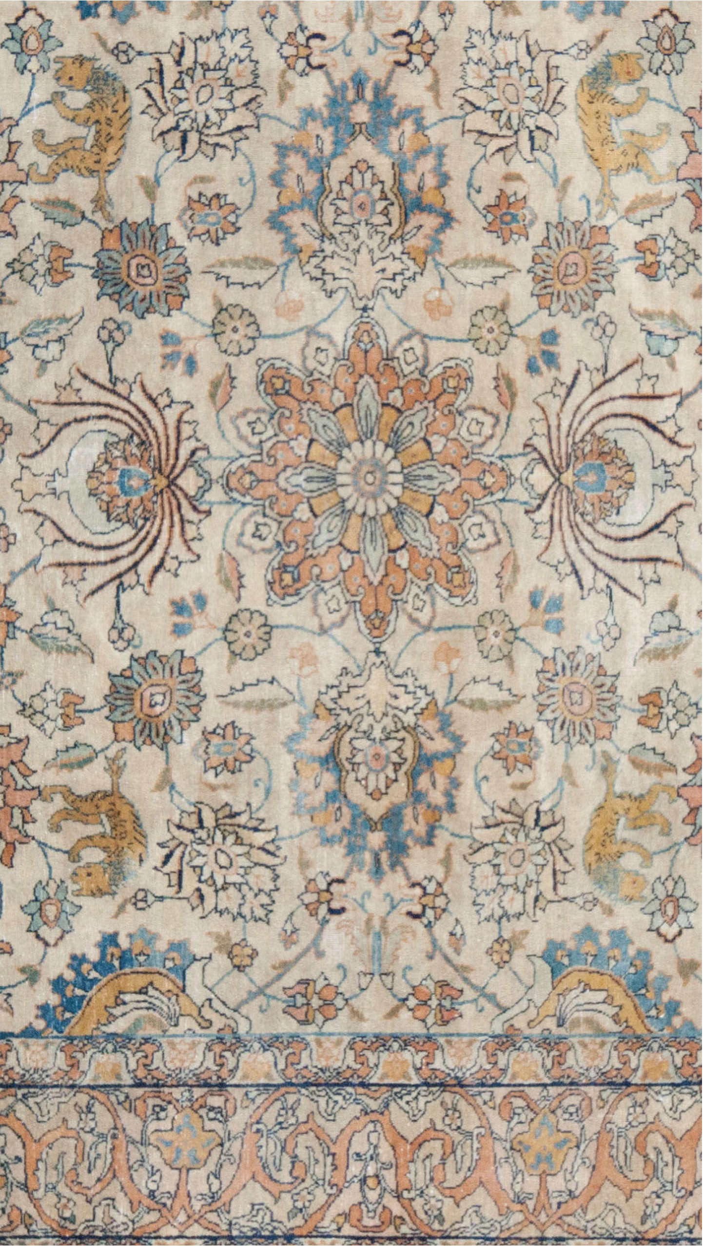 7' x 10' one-of-a-kind handmade vintage Tabriz large size rug. Color palette: blue, brown, gray, light gray, off-white, pink
