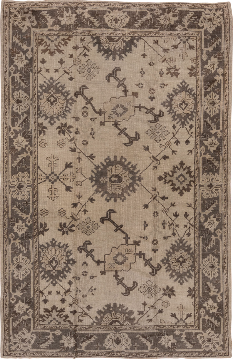 6' x 10' one-of-a-kind handmade vintage Oushak large size rug. Color palette: brown, gray, pink