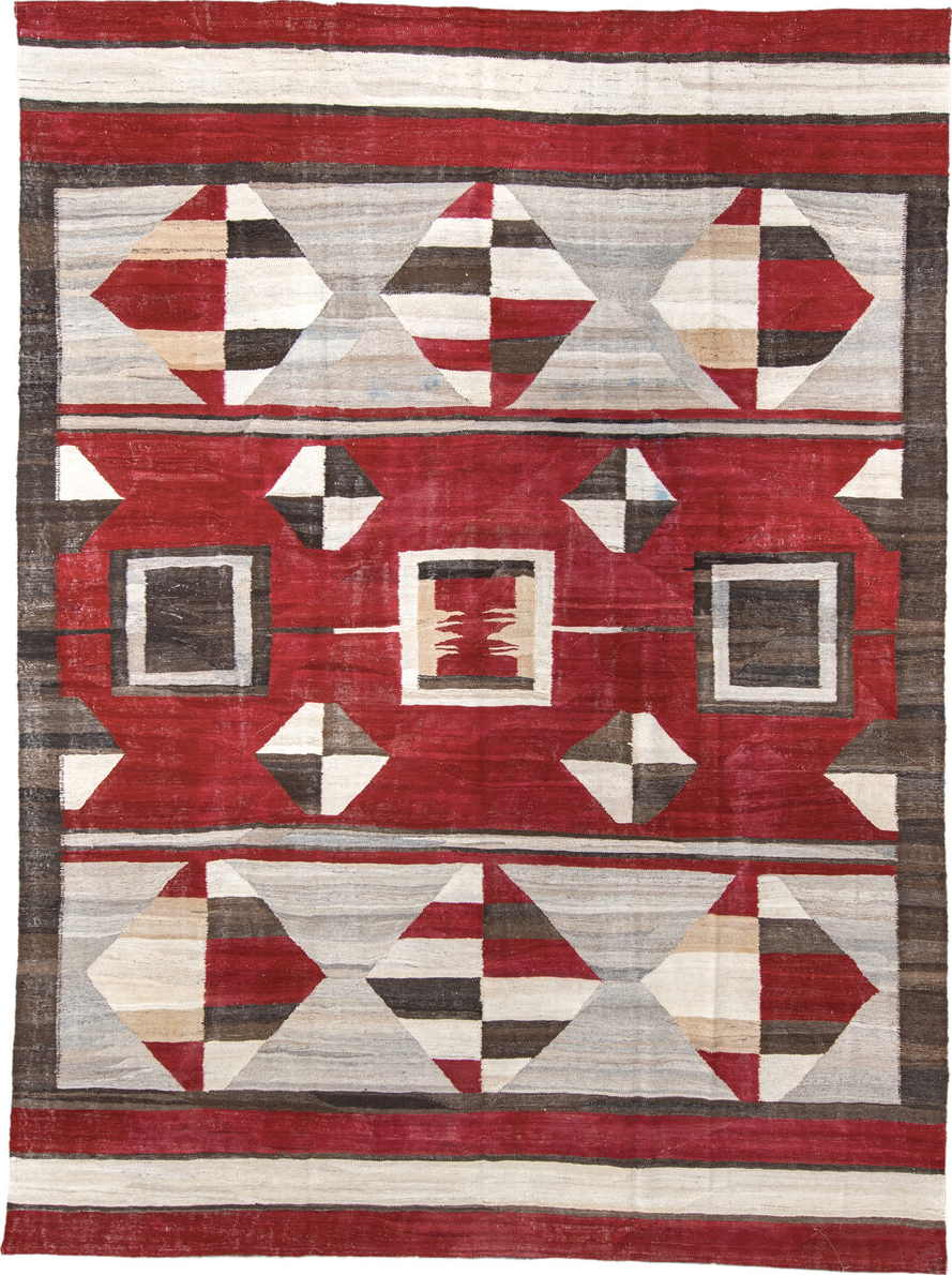 8' x 11' one-of-a-kind handmade vintage Kilim large size rug. Color palette: gray, off-white, brown, red, light gray, pink