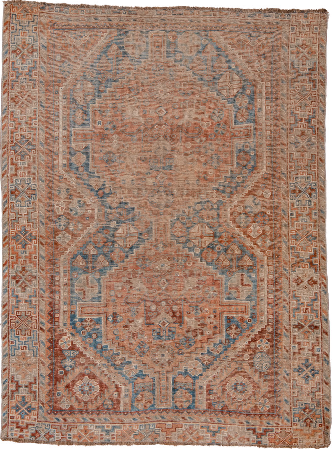 3' x 5' one-of-a-kind handmade vintage Shiraz small size rug. Color palette: brown, dim gray, gray, light gray, off-white
