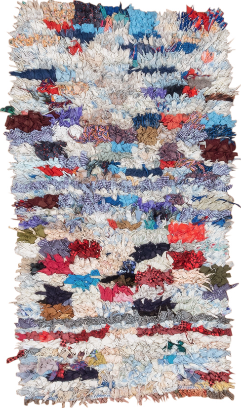 2' x 5' one-of-a-kind handmade vintage Rag Rug small size rug. Color palette: blue, brown, dark salmon, dim gray, gainsboro