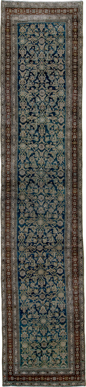 3' x 15' one-of-a-kind handmade vintage Malayer runner rug. Color palette: arapawa, black, blue, brown, dim gray, gray