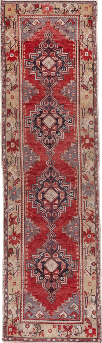 2' x 10' one-of-a-kind handmade vintage Oushak runner rug. Color palette: brown, dark gray, gray, light gray, off-white